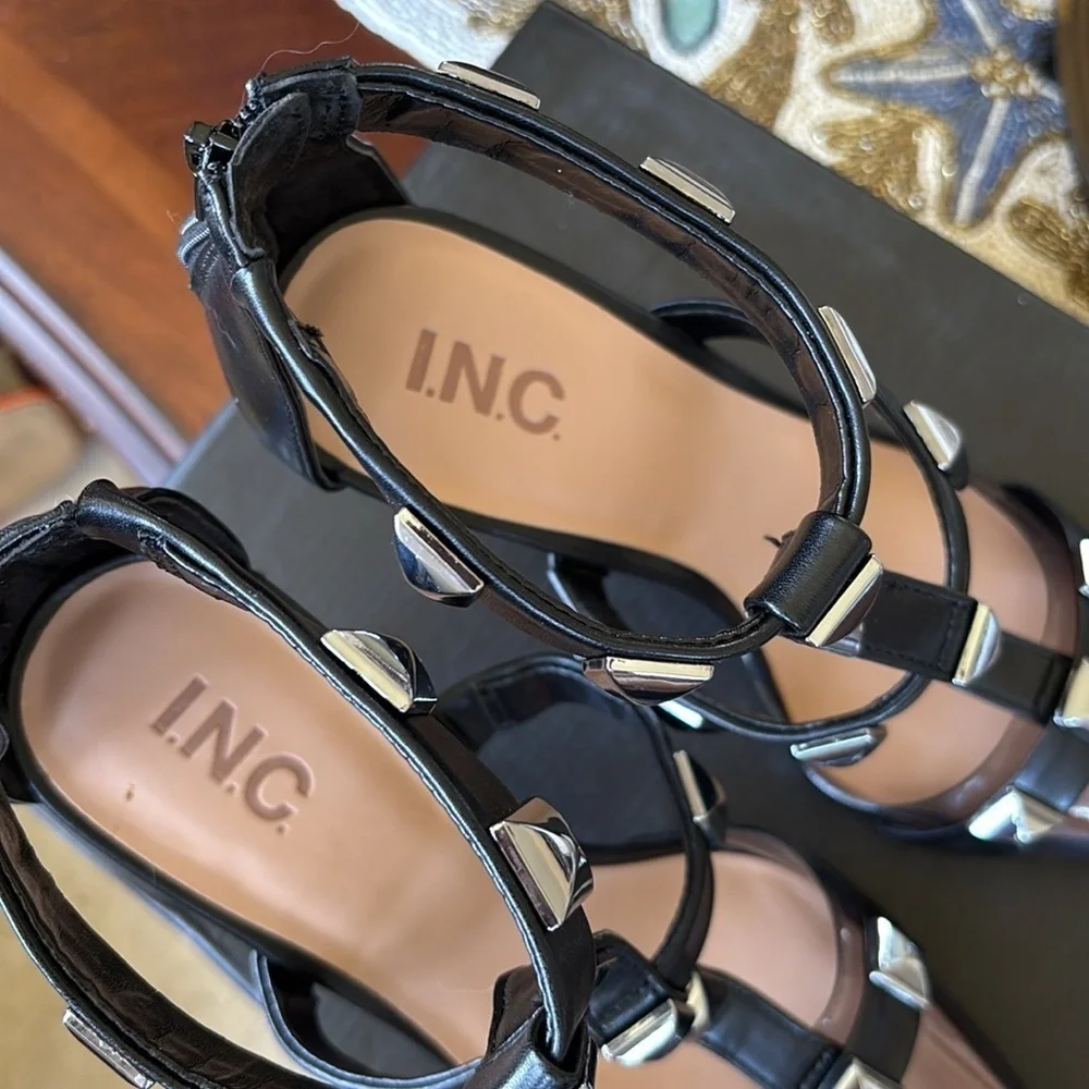 Brand New INC Syndia Pyramid Studded Black Stiletto Heels Clear Pointed Toe Cage